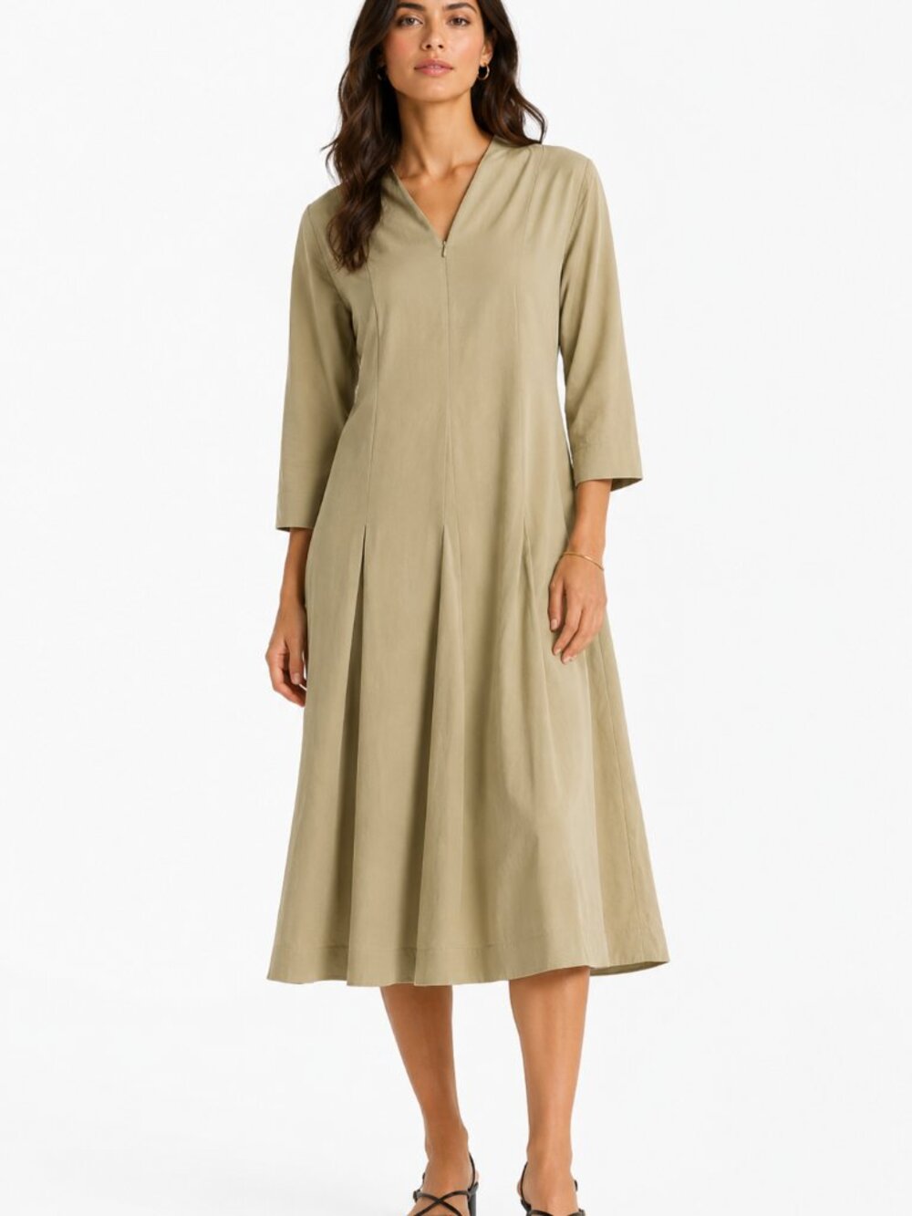Cos BEIGE LONG SLEEVE V-NECK ZIPPER FRONT MAXI DRESS - 2